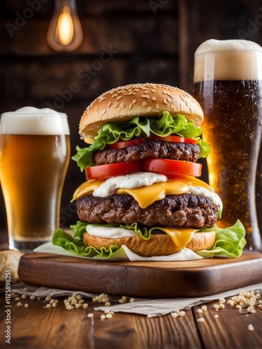 Tempting burger featuring rich beef patties, fresh veggies, and cheese, paired with a glass of beer, ideal for gastronomy-focused content and advertising.