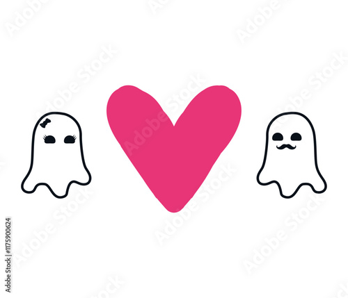 Funny ghost couple and a big heart. Cute romantic Halloween illustration in a flat style. Adorable ghosts with a pink heart in the center. Love and spooky vibe design photo