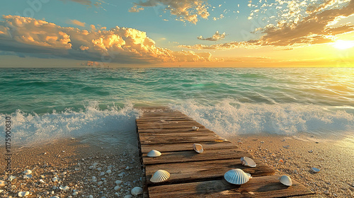Wooden Pier on a Sandy Beach with Shells at Sunset Overlooking Calm Ocean Waves