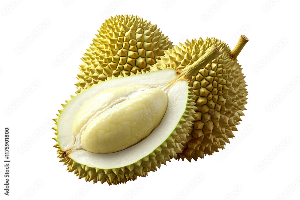 Obraz premium Closeup of whole durian and one cut open showing creamy flesh isolated on white transparent background, exotic fruit concept.