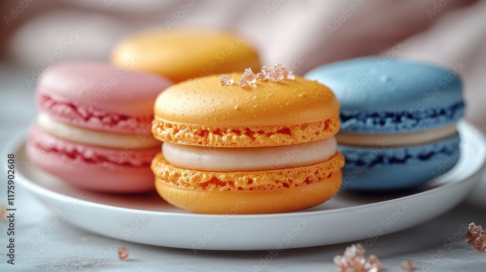 Colorful macarons with cream filling on a plate. Colorful macarons with cream filling on a plate.