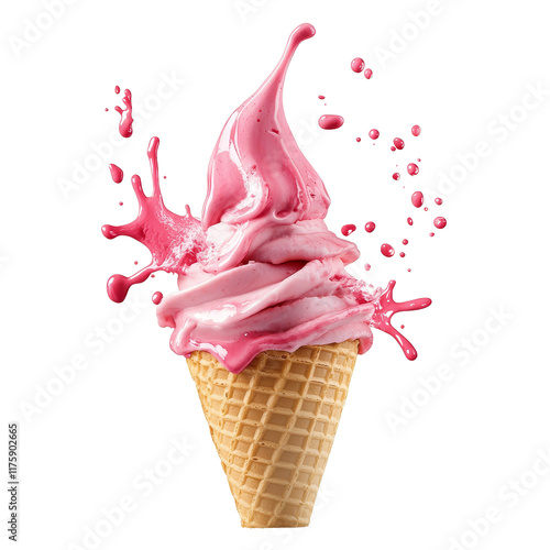 Delicious strawberry ice cream cone with a vibrant splash against a clean transparent background, Strawberry Ice Cream Cone with Splash on transparent background photo