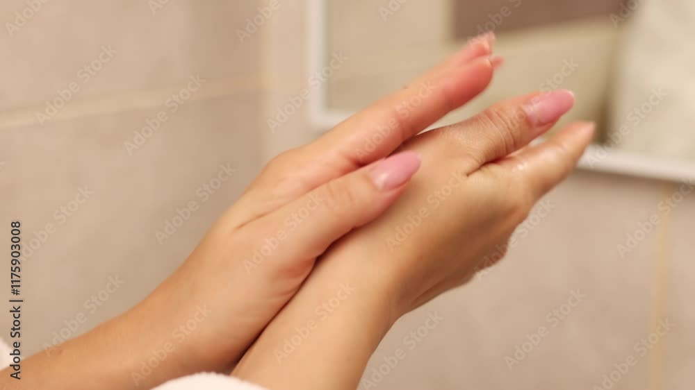 woman doing daily face and skin routine in bathroom.girl in bathrobe looking in mirror,applying facial cream or lotion on hand, taking from jar with spoon,putting serum on neck and chest. woman doing daily face and skin routine in bathroom.girl in bathrobe looking in mirror,applying facial cream or lotion on hand, taking from jar with spoon,putting serum on neck and chest.