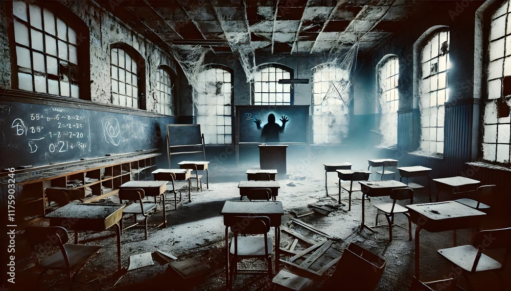Naklejka premium Haunted Abandoned Classroom in Dystopian Nightmare Style – Spooky Atmosphere with Eerie Desks, Broken Windows, and Sinister Shadows