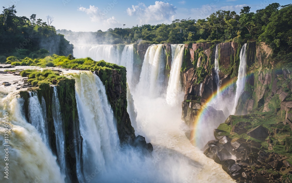 Naklejka premium Wild Iguazu Falls, Brazil, Majestic Iguazu Falls with rainbow, lush greenery, and powerful water cascading down rocky cliffs.