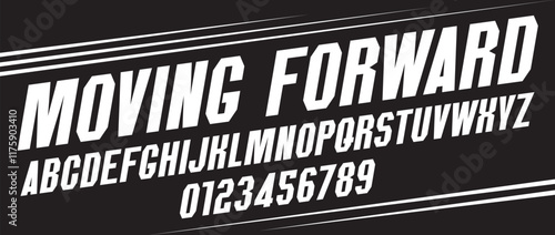 Heavy chopped simple italic font on the theme of urbanism, movement forward, speed. Set of letters and numbers of the Latin alphabet, moving