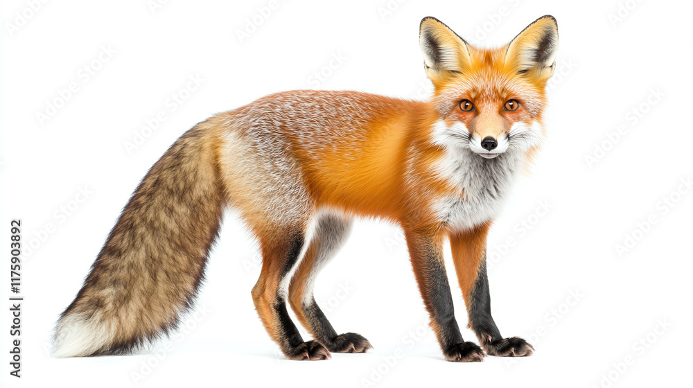 Obraz premium Side view portrait of full body length red orange fox animal isolated on white background, looking at camera. forest wildlife predator with furry tail, mammal standing.
