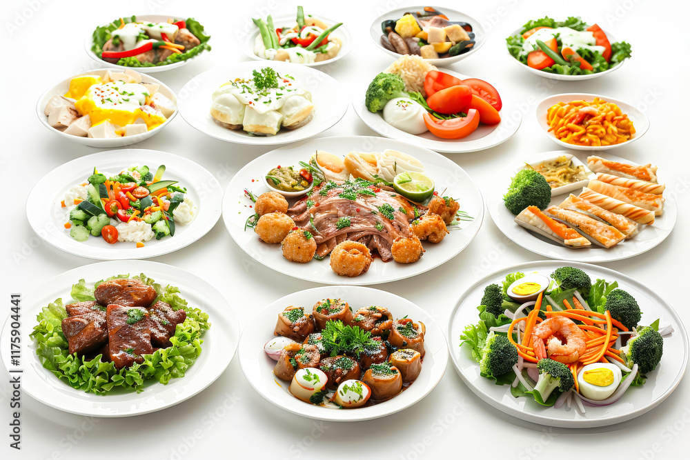 Table full of food with a variety of dishes including salads, sandwiches Table full of food with a variety of dishes including salads, sandwiches