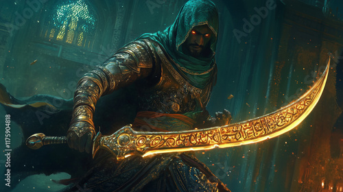 An Arabic warrior in ornate armor, wielding a magical scimitar that glows with intricate patterns photo