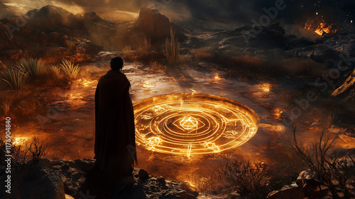 A shadowy jinn standing at the edge of an ancient well, surrounded by glowing sigils and eerie desert plants photo