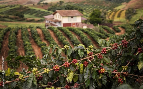 Wallpaper Mural Traditional Coffee Farm, Brazil, Coffee plantation with ripe cherries on branch, house in background. Torontodigital.ca
