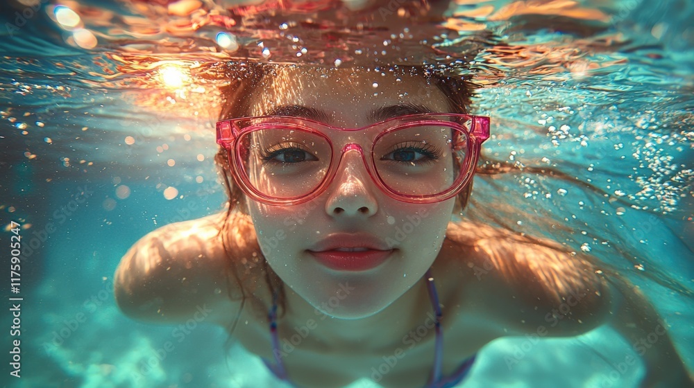 Naklejka premium Joyful Girl Swimming Underwater with Glasses