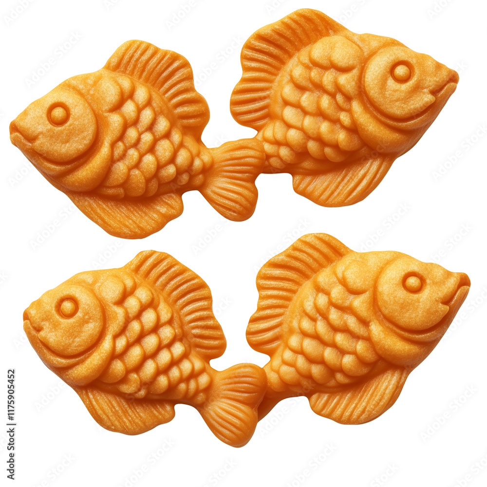 Obraz premium Taiyaki japanese traditional dessert in a shape of fish with sweet red bean paste filling, isolated set, collection