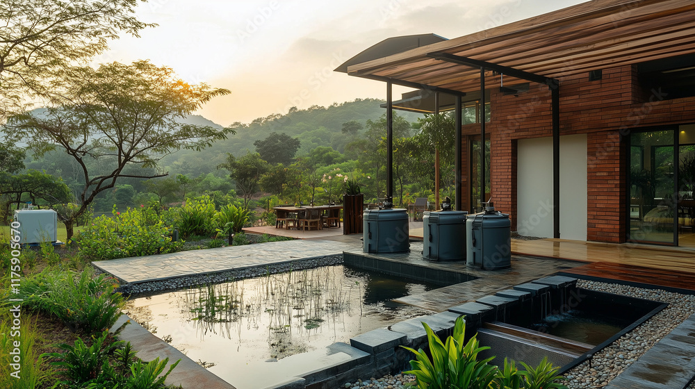 Modern eco-friendly home with pond and lush greenery Modern eco-friendly home with pond and lush greenery