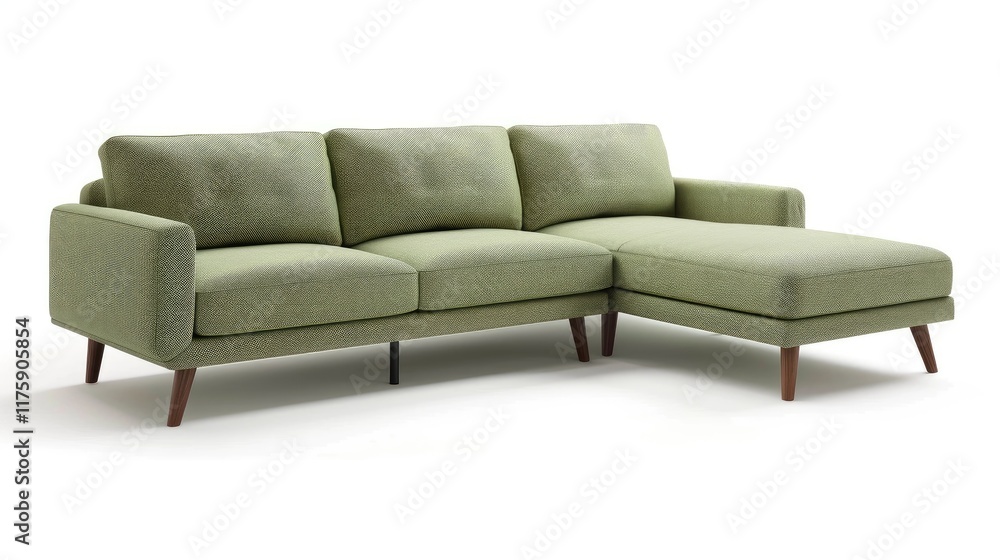Modern L-shaped sofa with chaise longue in light green fabric Modern L-shaped sofa with chaise longue in light green fabric