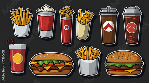 Fast food stickers illustrations set. Vector collection. Fast food cartoon icons. Hamburger, hot dog, pizza, taco, popcorn and other delicious food isolated on beige background. Perfect for menu desig