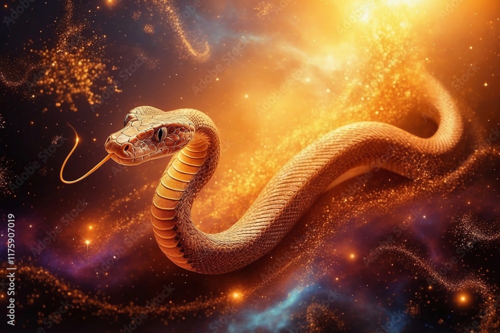 a golden snake in a starry galaxy,Chinese new year 2025, Year of the snake a golden snake in a starry galaxy,Chinese new year 2025, Year of the snake