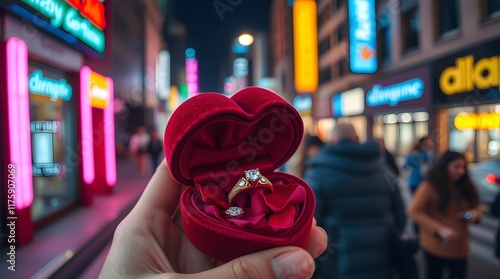 Candid street photography style depicts an elegant gold ring inside a velvet heart-shaped box with rose petals and diamonds, set within vibrant electric colors and urban scenes.