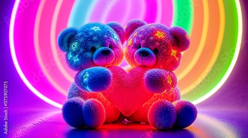Two (blue and magenta) Valentine teddy bears covered with stars diverse  holding a red glowing heart, on an abstract colored backrgound