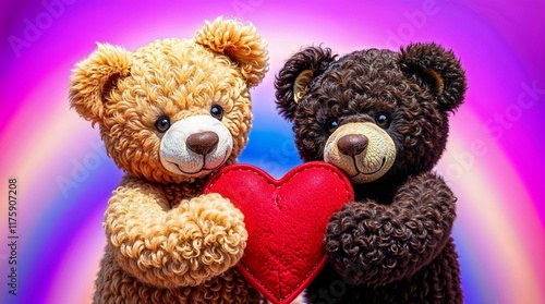 A brown and a black teddy bear holding a red Valentine heart on a glossy background
