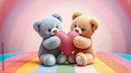 A grey and a light brown diverse teddy bear holding a red heart