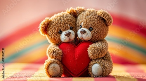 Two brown teddy bears cuddling, holding a red heart, on a colored background