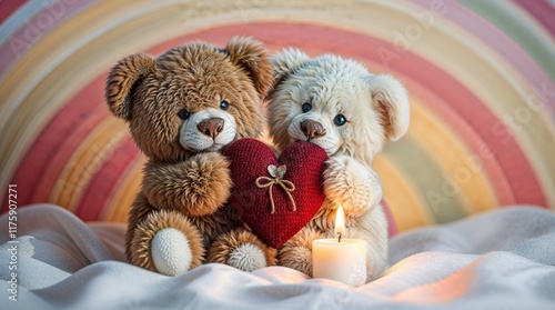 A brown and a white teddy diverse bears holding a red heart on a colored background