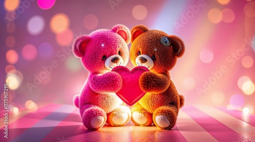 Two diverse teddy bears holding a red, shiny heart on a glossy background
