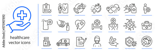 healthcare icons, medical treatment icon set, prevention health simple symbols, linear vector illustration eps10