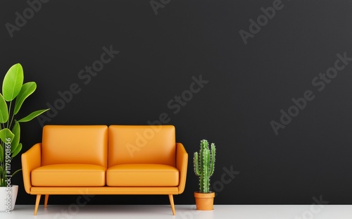 3D rendering of an industrial-style loft living room interior