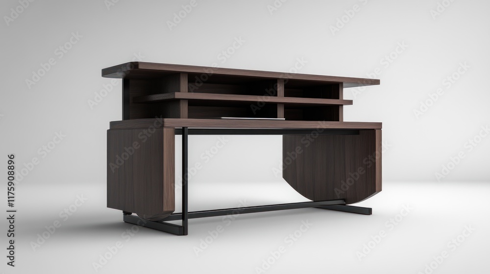 Fototapeta premium Modern brown wooden desk with shelves isolated on white.