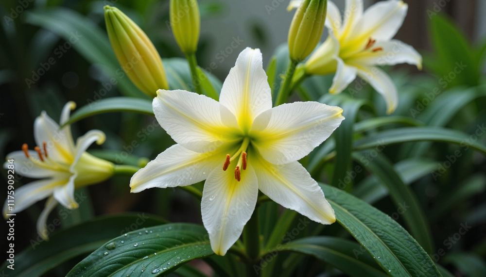 Blooming lily with water droplets in indoor plant setting, natural beauty Blooming lily with water droplets in indoor plant setting, natural beauty