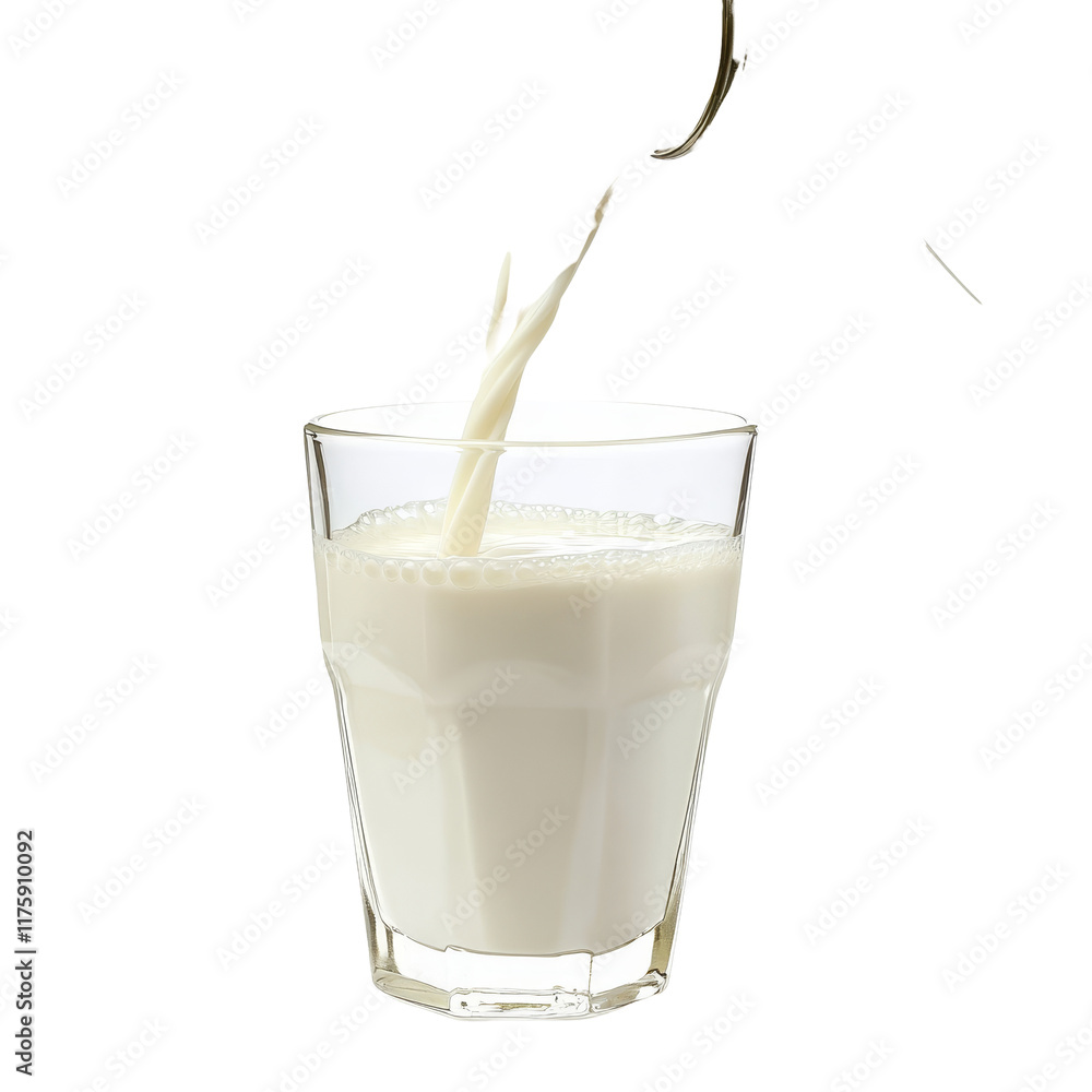 Pouring fresh milk from a jug into a clear glass against a clean transparent background in a bright kitchen setting, Milk pouring from a jug into a glass on transparent background Pouring fresh milk from a jug into a clear glass against a clean transparent background in a bright kitchen setting, Milk pouring from a jug into a glass on transparent background