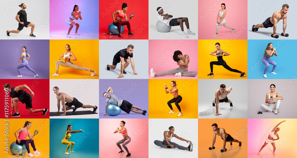 © Prostock-studio - A vibrant collection of individuals engaged in various fitness activities, highlighting strength, flexibility, and motivation. The colorful backgrounds enhance the dynamic workout atmosphere. © Prostock-studio - A vibrant collection of individuals engaged in various fitness activities, highlighting strength, flexibility, and motivation. The colorful backgrounds enhance the dynamic workout atmosphere.