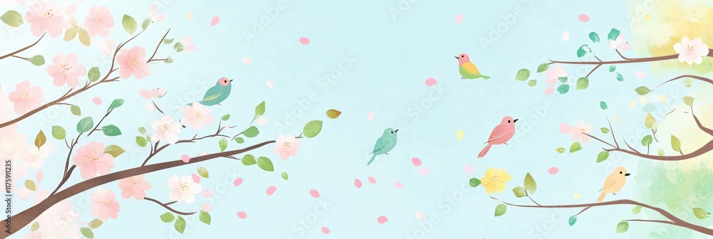 Charming hand drawn doodle featuring colorful birds amidst blooming cherry blossoms in a serene spring setting. Generative AI Charming hand drawn doodle featuring colorful birds amidst blooming cherry blossoms in a serene spring setting. Generative AI