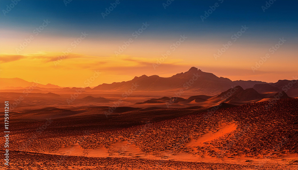 Fototapeta premium a beautiful landscape of a desert planet with a large mountain range in the distance the sky is a gradient of orange and yellow