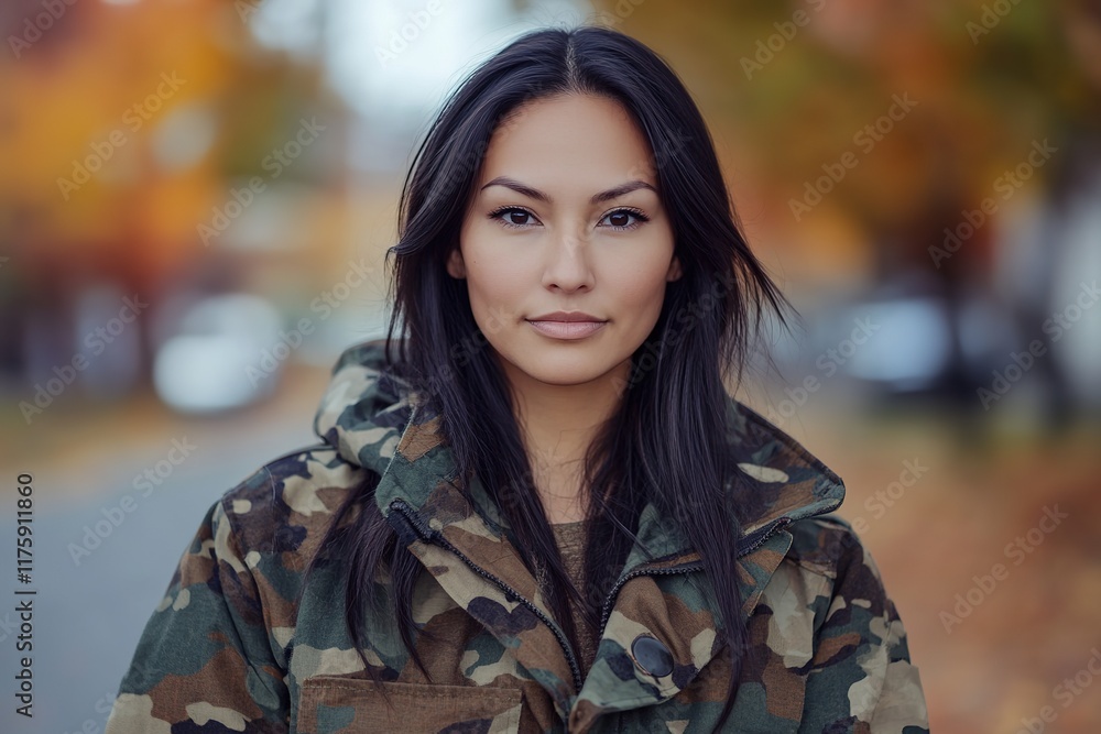 Fototapeta premium Woman in camo jacket against autumn backdrop