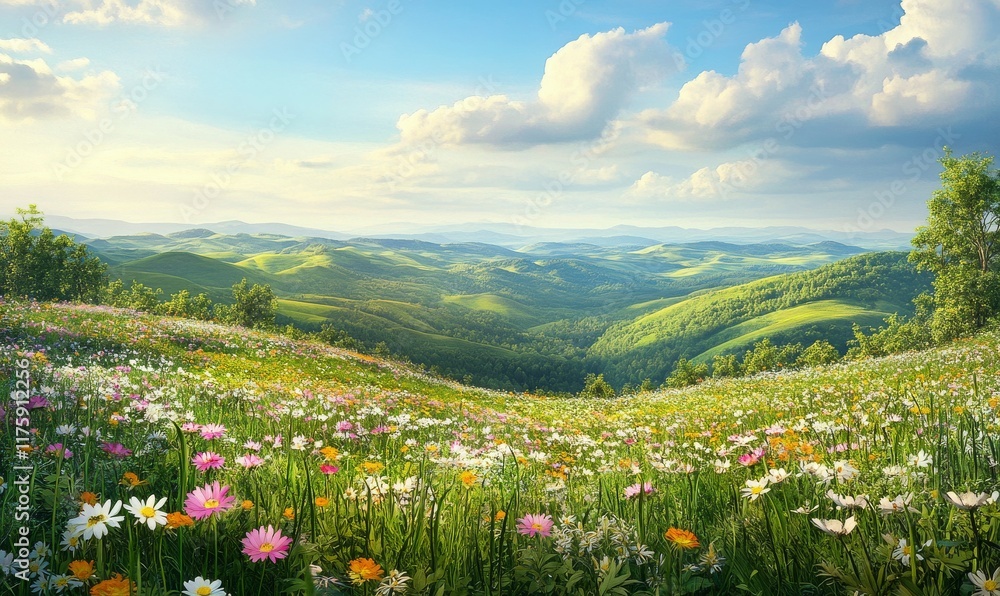 A panoramic view of rolling hills covered in wildflowers at spring A panoramic view of rolling hills covered in wildflowers at spring