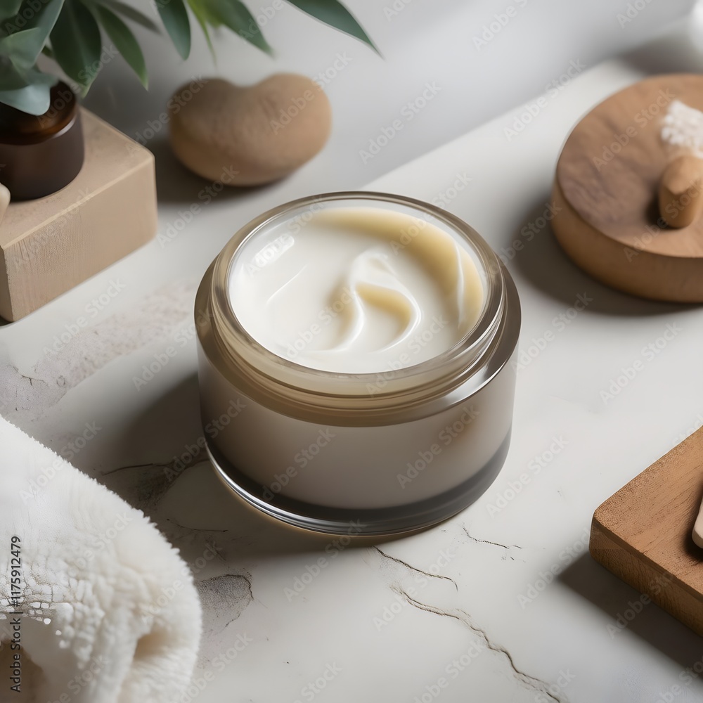 Radiant Glow Luxurious Skincare Cream Jar Among Spa Accessories on Stone Surface Radiant Glow Luxurious Skincare Cream Jar Among Spa Accessories on Stone Surface