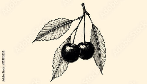 Intricate vintage cherry engraving in black and sepia tones with detailed linework, illustration