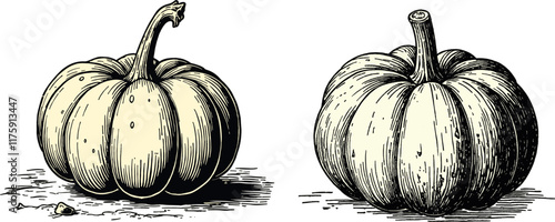 Intricate vintage pumpkin engraving in black and sepia tones with detailed linework, illustration