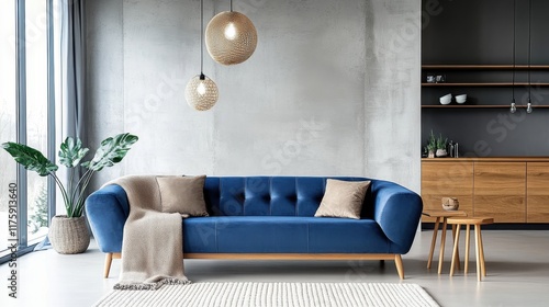 Modern living room, minimalist design, blue L-shaped sectional sofa, wooden accent wall, pendant lighting, floor-to-ceiling windows, potted plant, round wooden coffee table, neutral color palette, tex