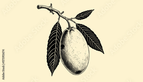Intricate vintage mango engraving in black and sepia tones with detailed linework, illustration