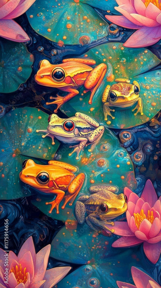 A detailed, vibrant image of small frogs sitting on lily pads. A detailed, vibrant image of small frogs sitting on lily pads.
