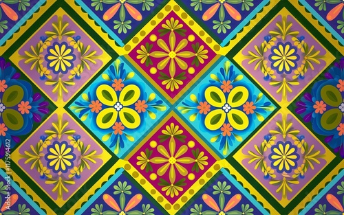 Folk Art Patterns, Brazil, Vibrant floral diamond pattern textile design.