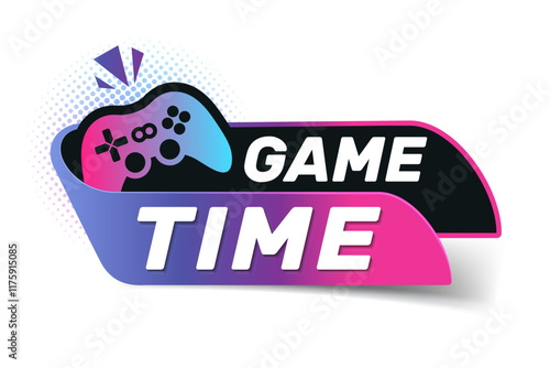 Game Time Label With Joypad Icon, Flat Vector Illustration Isolated On White Background.