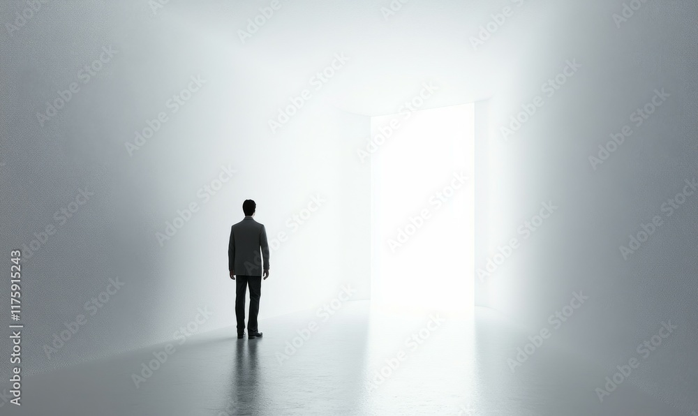 the black figure of a man standing in a white corridor. the black figure of a man standing in a white corridor.