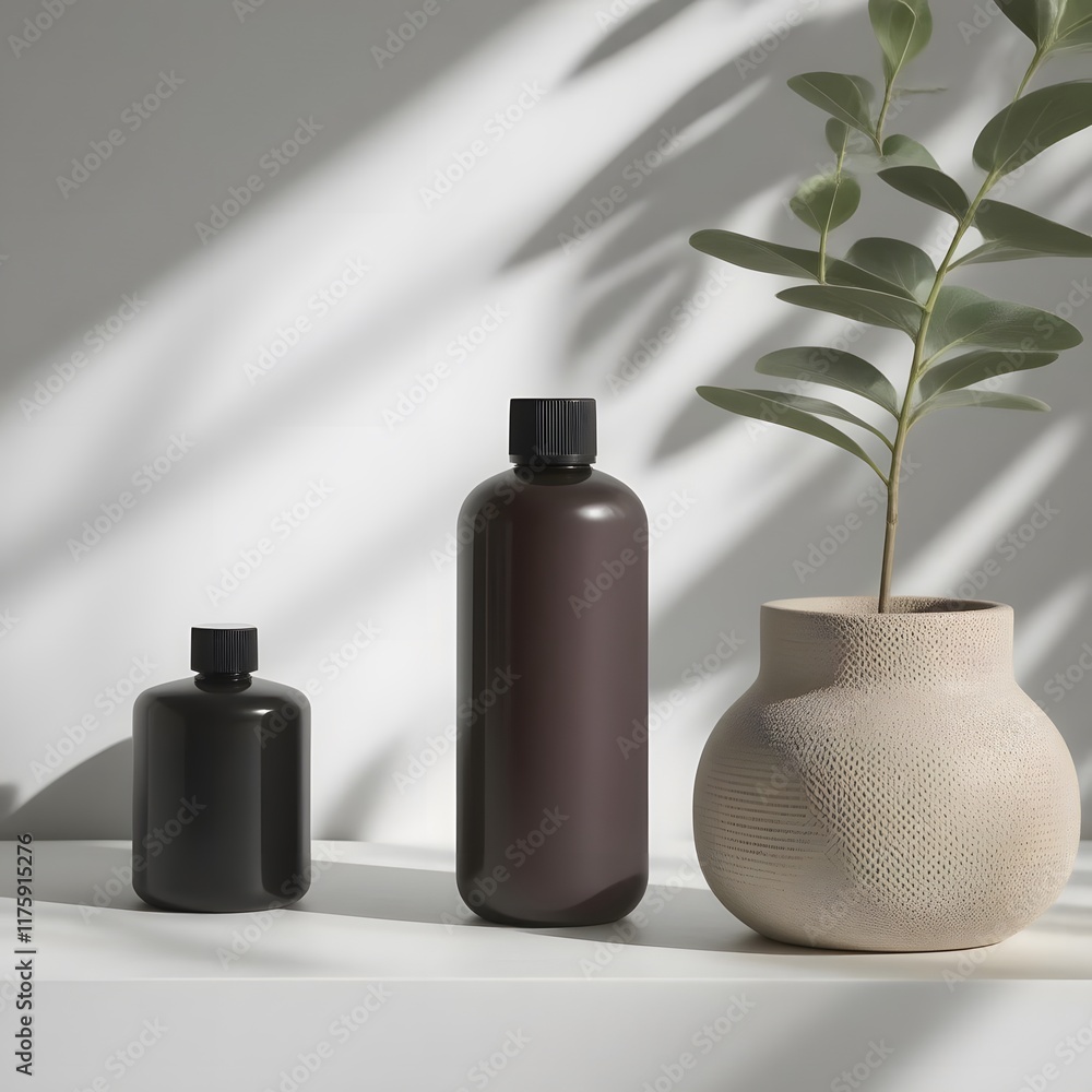 Elegant Haircare Bottle Display in Modern Minimalist Setup Elegant Haircare Bottle Display in Modern Minimalist Setup