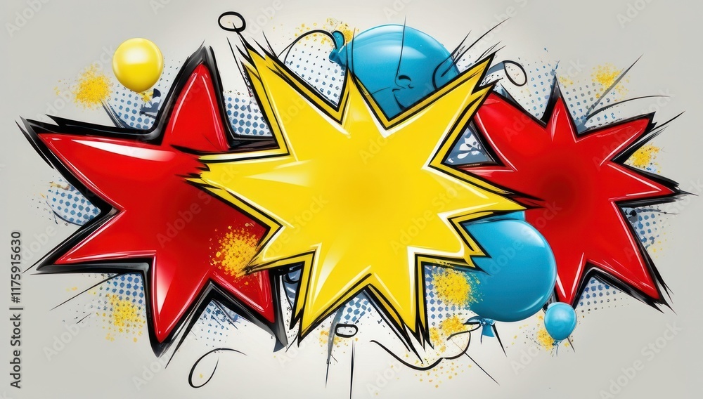 Fototapeta premium Comic style pop art explosion graphics with vibrant red, yellow, and blue bursts on a light gray background. Retro comic effect
