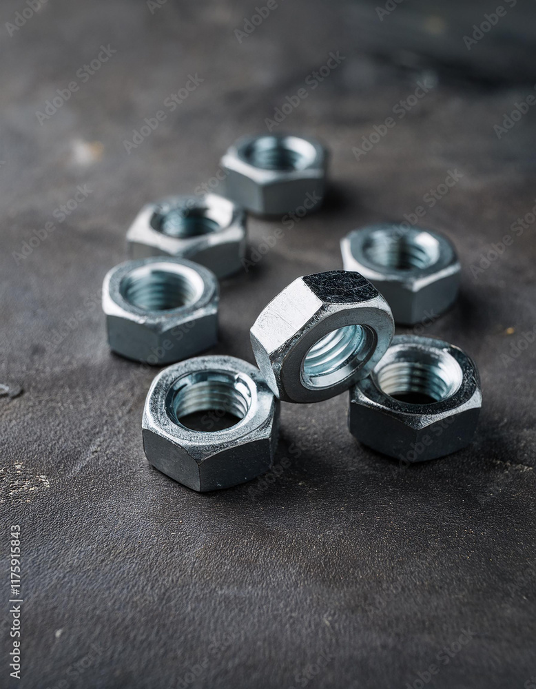 Silver metallic nuts on dark cement backdrop. Silver metallic nuts on dark cement backdrop.